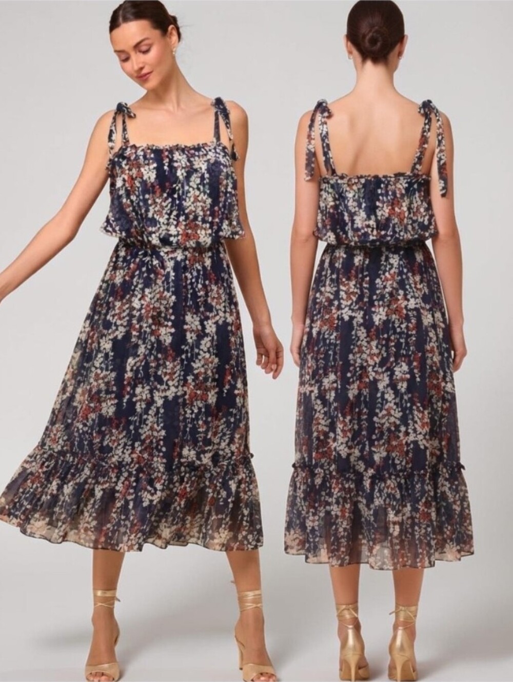 SAINTS + SECRETS Navy Floral Chiffon Ruffle Midi Dress - Size 6